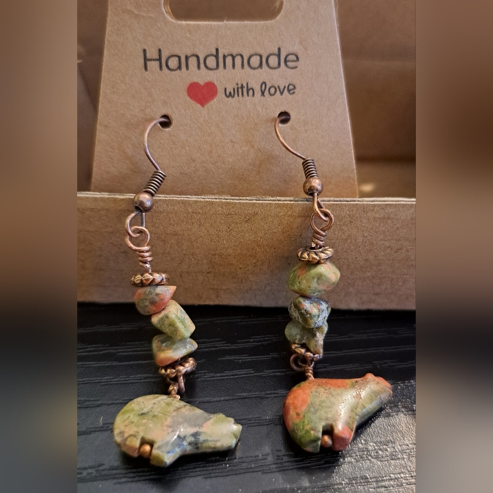 Unakite Zuni Style Carved Fetish Bear Dangle Earrings in Copper